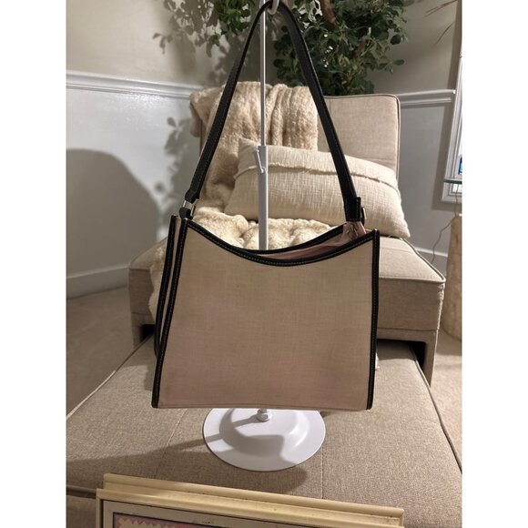 Vintage Ralph Lauren Beige Linen Handbag With Black Leather Trim - Picture 1 of 16